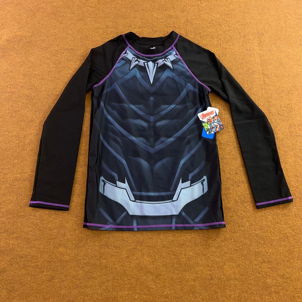 Marvel Boys 14/16 Black Black Panther UPF 50+ Rash Guard Swim Shirt NWT